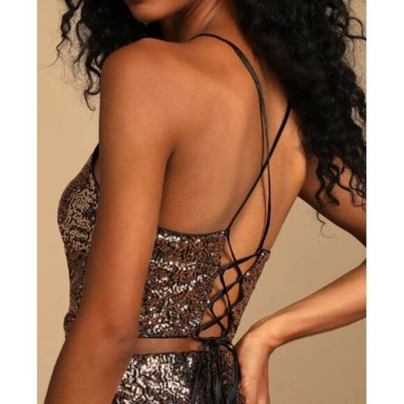 Lulus Women's Bronze Sequin Lace-Up Stretch Two-Piece Mini‎ Dress - Picture 4 of 6